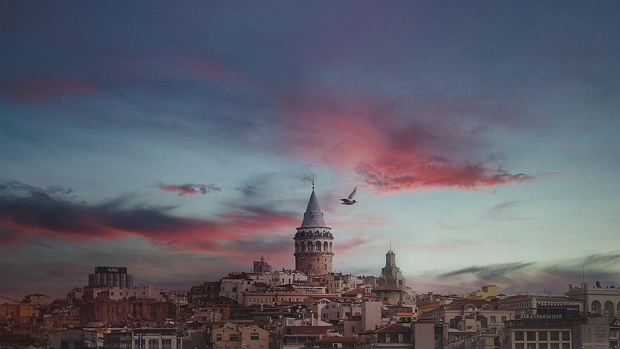 вежа Галата, захід сонця, небо, архітектурний, Стамбул, галата, індичка, архітектура, міський пейзаж, відоме місце, сутінки