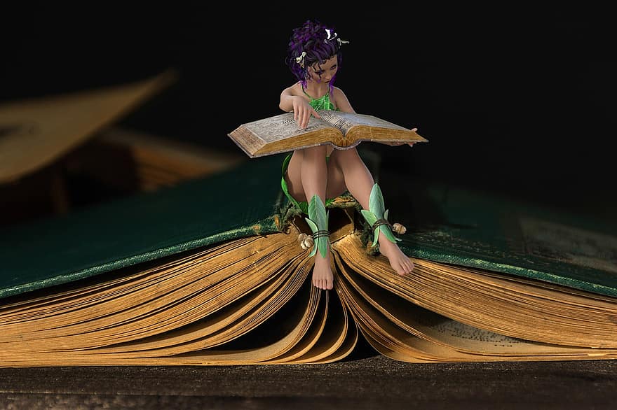 fantaisie, elfe, en train de lire, livres, femme, lis, étude, apprendre, minuscule