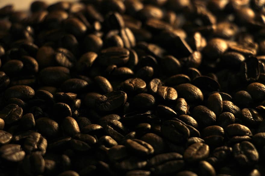 kaffebønner, koffein, kaffe, innhøsting, bakt, frø, drikke, bakgrunn, nærbilde, mørk, makro
