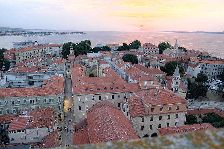solnedgang, zadar, kroatia, hav, by, kyst, seaside, bygninger, gamleby, vann, horisont