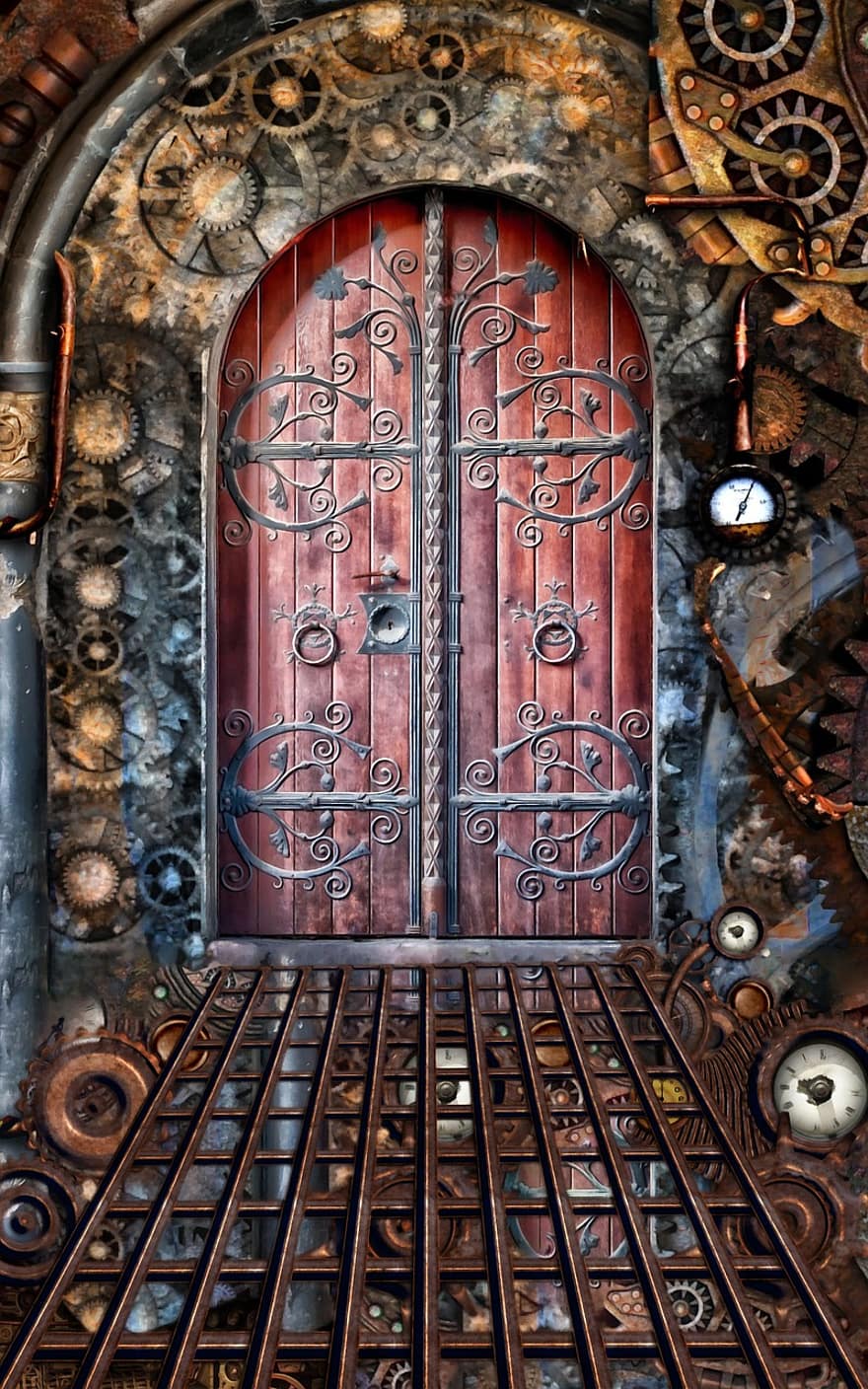 døråbning, gear, bro, steampunk, rust, metal, årgang, portal