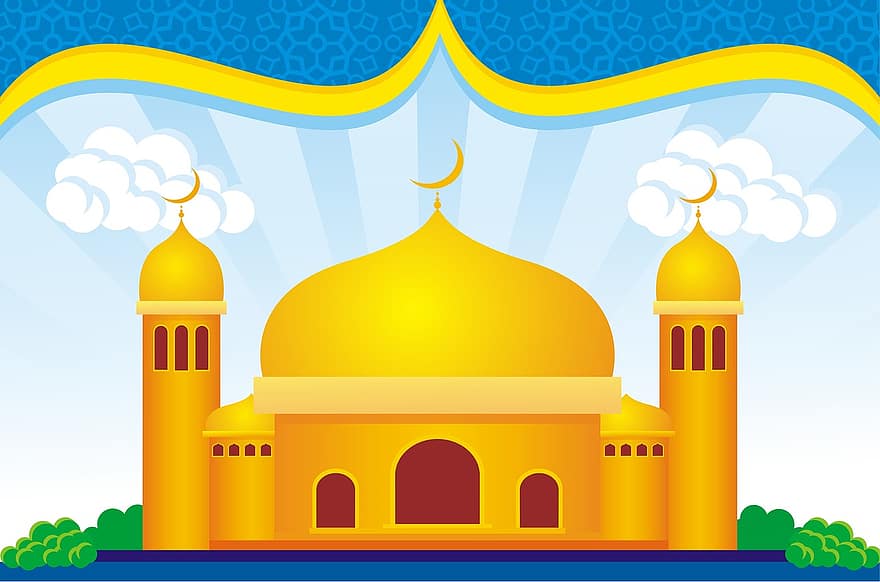 Background, The Mosque, Blue, Islam, The Tower Of The Mosque, Religion, Worship Place, Yellow, Green, Fresh, Lunch