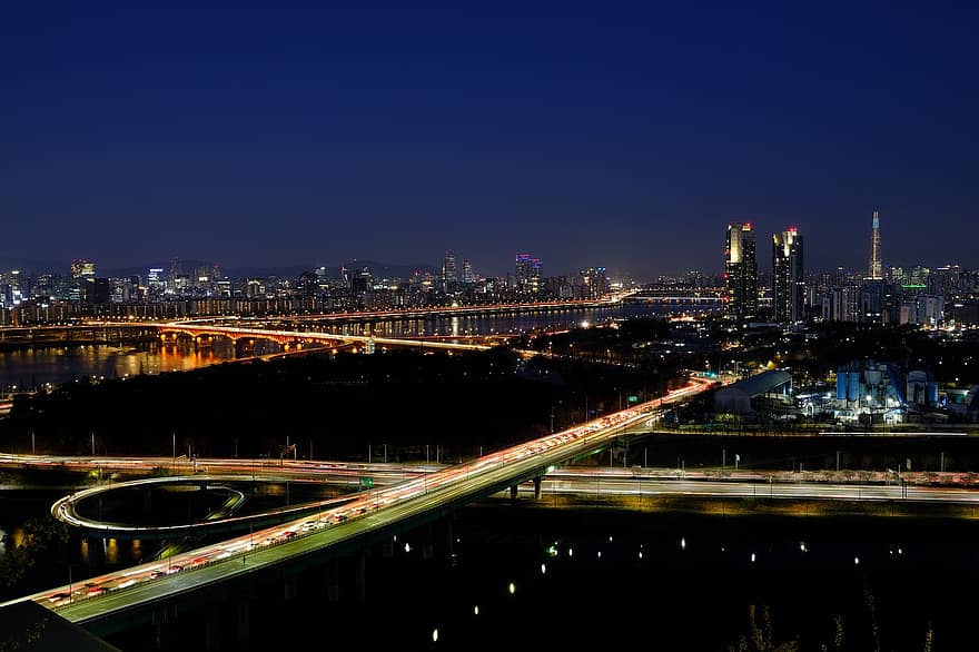 miestas, kelias, pastatas, dangus, naktinis vaizdas, naktis, Korėjos Respublika, susiliejimas, miesto vaizdą, eismas, šviečia