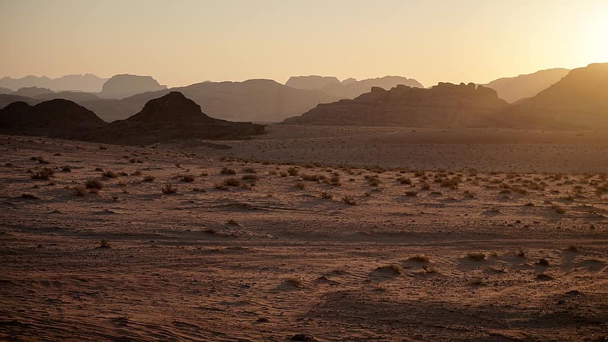 Desierto, cañón, puesta de sol, arena, montañas, Jordán, petra, viaje, paisaje, turismo, beduino