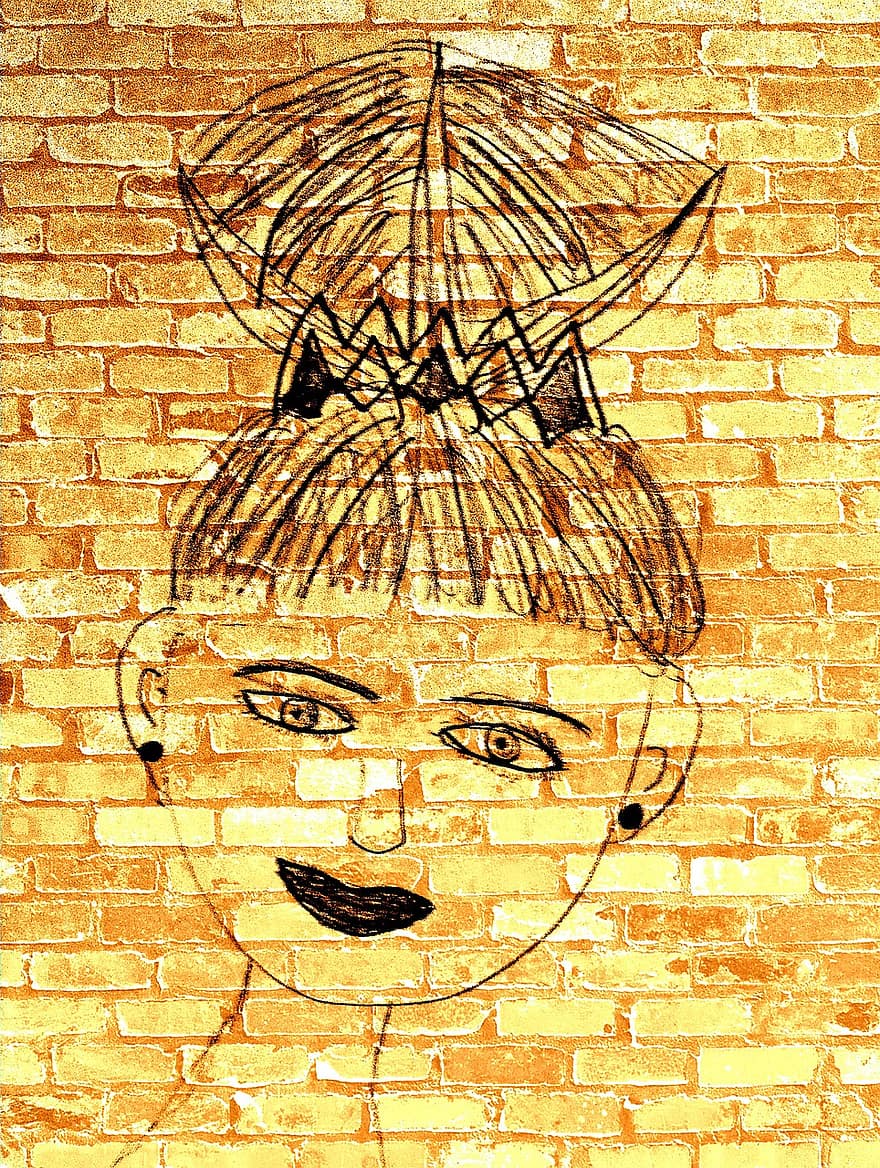 kvinde, ansigt, pige, graffiti, tegning, væg, kunst