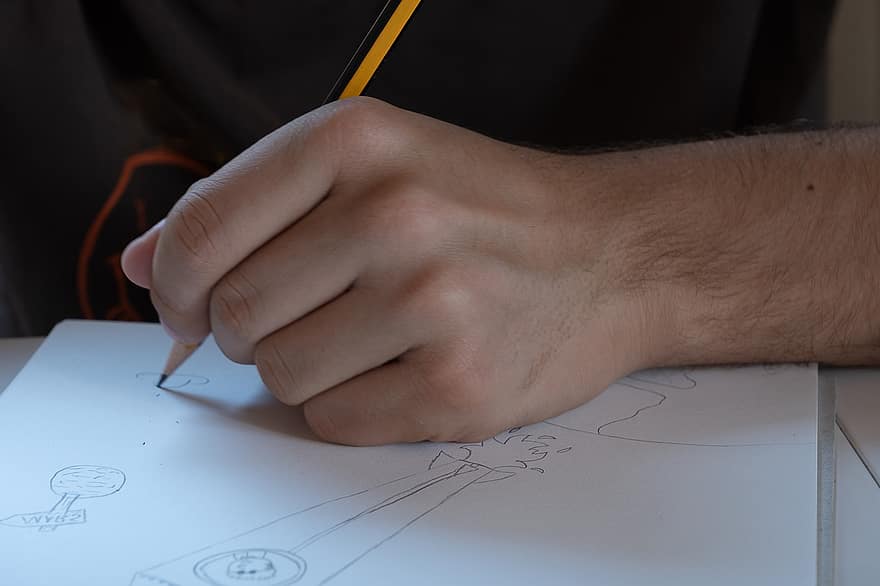 χέρι, μολύβι, σχεδιάζω, γράφω, ημερολόγιο, σκίτσο, σχολείο, ανθρώπινο χέρι, εργαζόμενος, άνδρες, γκρο πλαν