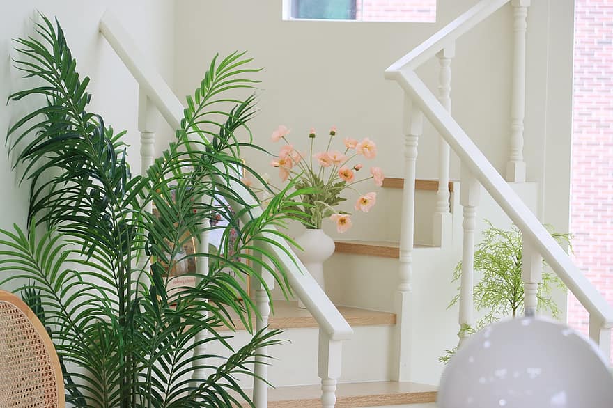 belsőépítészet, lépcsők, lépcső, fedett, növény, otthoni szoba, modern, otthon belső, tervezés, építészet, dekoráció