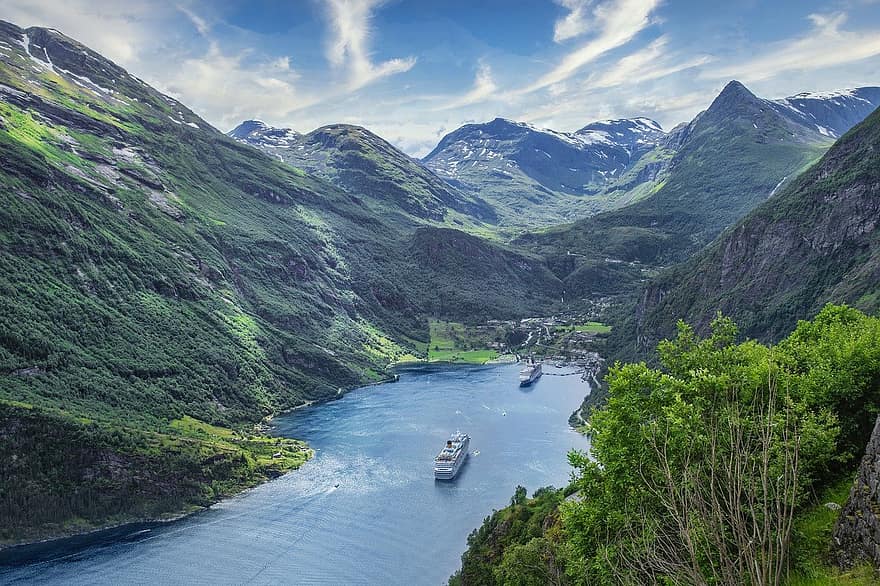 kuģiem, jūra, kalni, fjordu, ieplūde, ūdens, ostā, laivas, kruīzs, ceļot