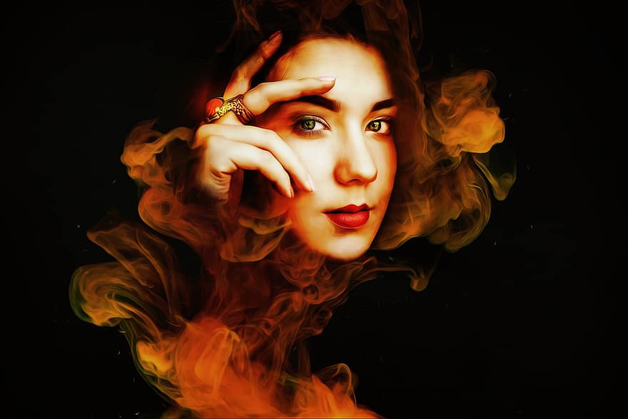 fantázia, sötét, gótikus, álom, füst, Tűz Füst, portré, fantasy portré, varázslat, női, nő