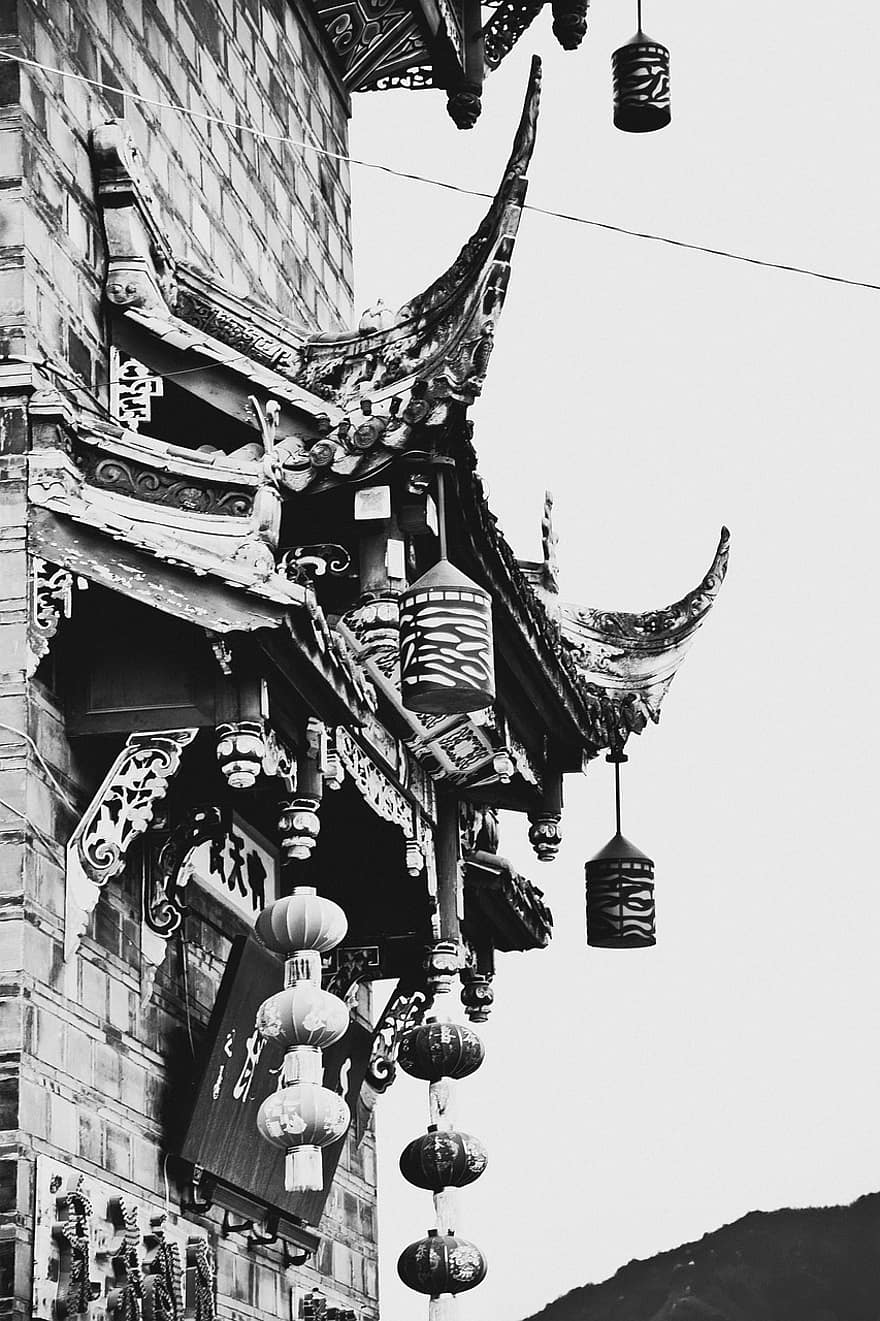 Dujiangyan, oude architectuur, erfgoed, Azië, China, traditioneel, Traditionele structuur, monochroom, zwart en wit