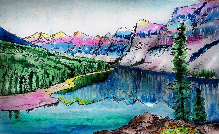 bergen, sjö, kanada, skog, vik, natur, flod, kullar, stenar, målning, figur