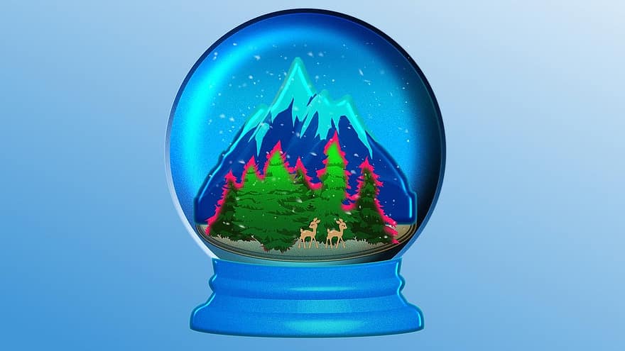 Globus de neu, neu, hivern, Nadal, blau, il·lustració, temporada, fons, arbre, vidre, decoració