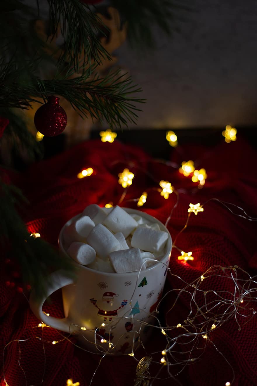 Mug, Christmas Lights, Marshmallow, Food, Drink, Red Blanket, Beverage, Christmas, Christmas Ball, Star, Bauble