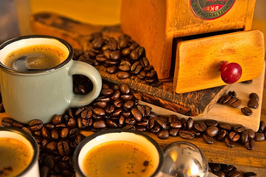 cafè, fotografia de productes, grans de cafè, tasses, tasses de cafè, cafeïna, espresso, pausa per prendre un cafè, cafeteria, aroma, mongetes