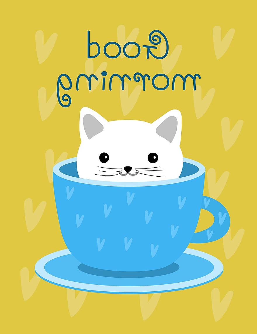 кішка, чашка, Добрий ранок, кухоль, серця, кошеня, домашня тварина, тварина, привітання, сніданок, кафе