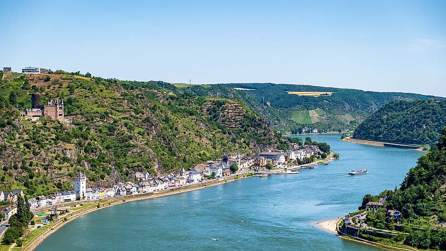 rhen, flod, vatten, landskap, panorama, Tyskland, slott