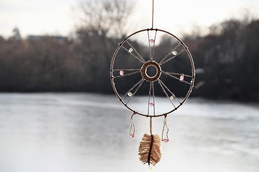 Apanhador de Sonhos, cultura nativa americana, decoração, corda, círculo, madeira, fechar-se, roda, agua, construir, embarcação náutica
