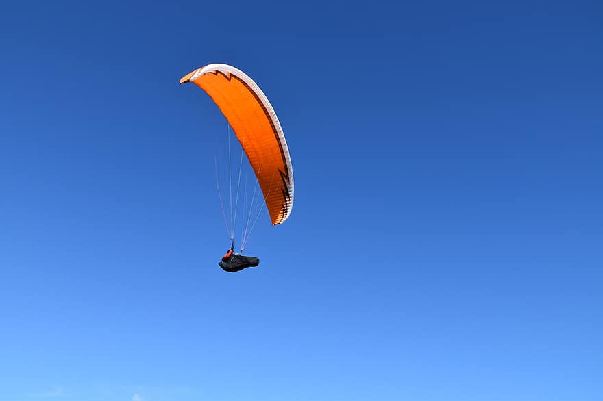 paragliding, paralotnia, skrzydło paralotniowe, samolot, latać, kwestia, żegluje pomarańczowo, powietrze, niebieskie niebo, sport, Natura