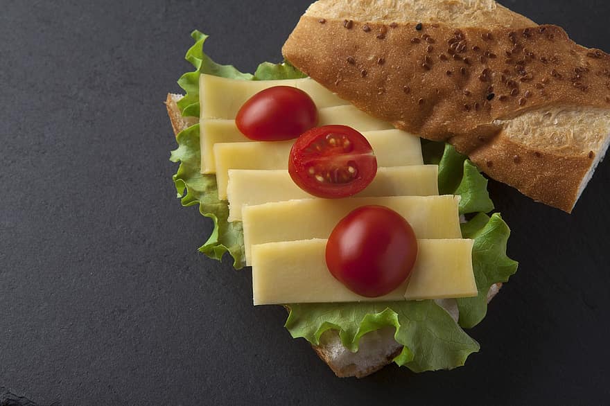 Sandwich, comida rápida, queso, queso Cheddar, tomate, un pan, comida, gastrónomo, frescura, de cerca, rebanada
