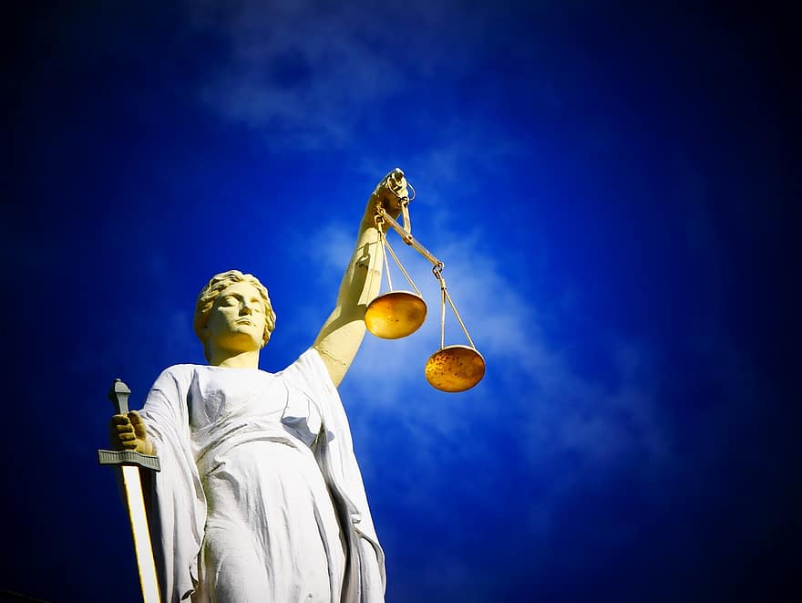 gerechtigheid, rechts, jurisprudentie, rechtbank, dame rechtvaardigheid, schaal, zwaard, contrast, onschuld, schuld, crimineel