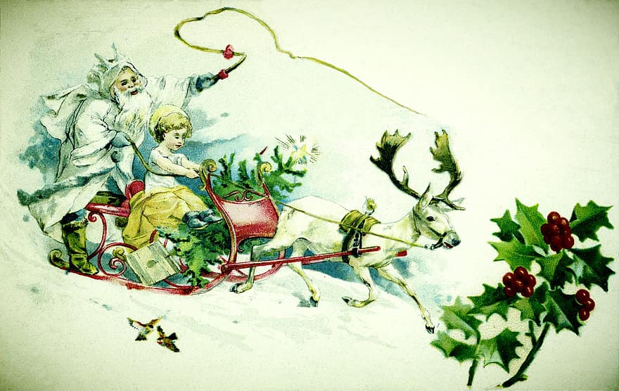 santa, släde, årgång, jultomten, ren, järnek, barn, rådjur, Rudolf, horn, traditionell