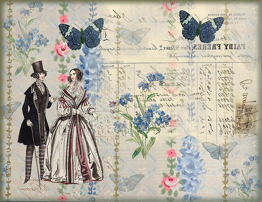 klippbok, årgång, viktoriansk, par, fjäril, tapet, grunge, illustration, blomma, vektor, elegans