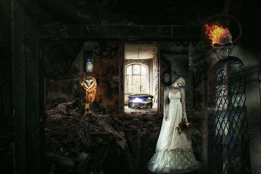 strašidelný dům, nevěsta, zombie