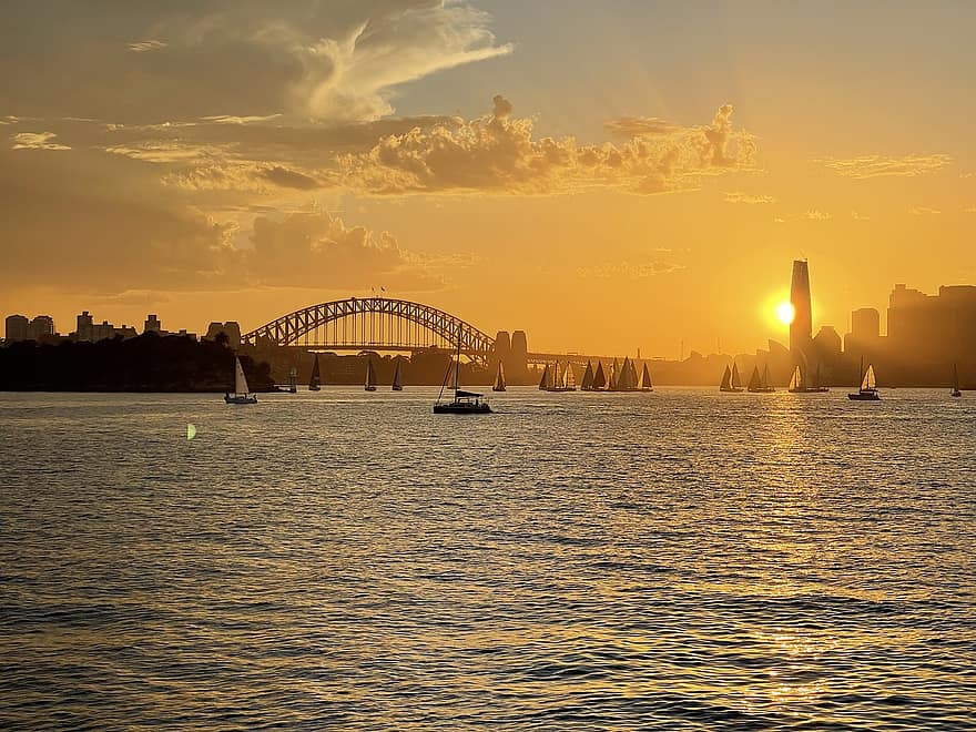 saulėlydis, Sydney, uostas, architektūra, susiliejimas, tiltas, dangus, valtys, burės, burlaiviai, panorama
