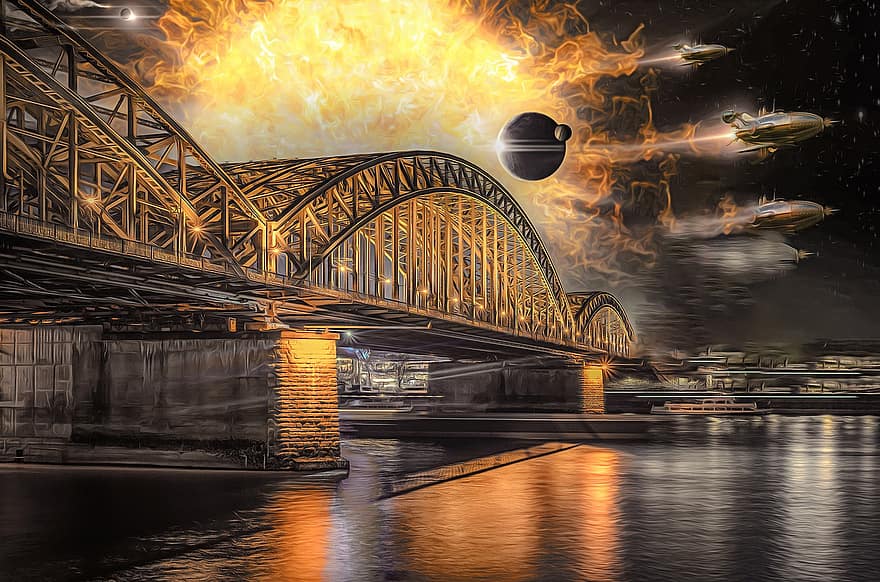 мост, пришельцы, вторжение, разрушение, научно-фантастический, фантастика, ночь, архитектура, воды, известное место, смеркаться