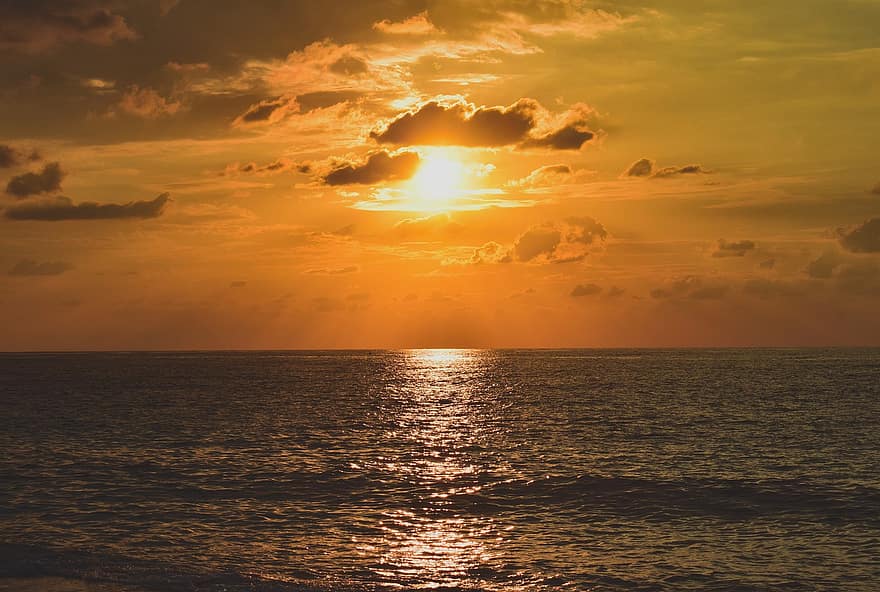 puesta de sol, mar, naturaleza, Oceano, ola, Dom, luz del sol, horizonte, cielo, nubes, marina