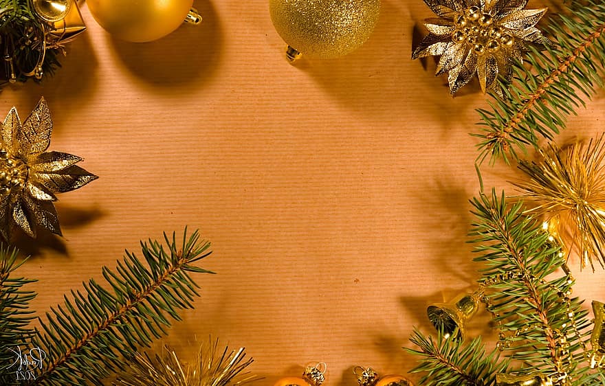 Pozadí, Vánoce, rám, dekorace, větvička, zlato