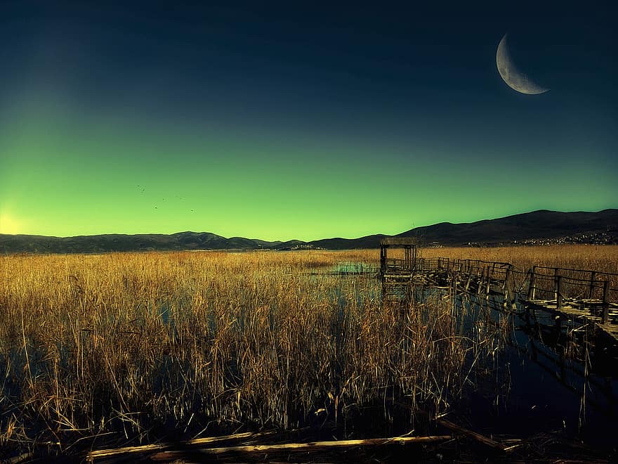 Lake, Moon, Moonlight, Port, Water, Night, Reflection, Nature, Sky, Greece, Landscape