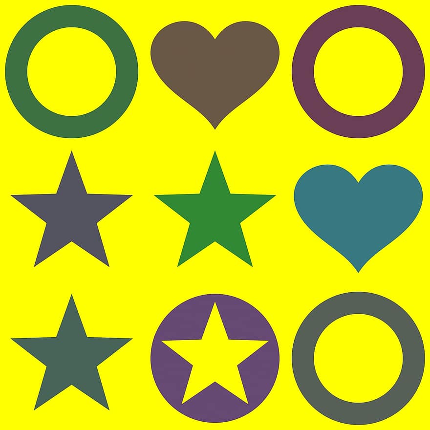 corazón, circulo, estrella, patrón sin costuras, forma de corazón, modelo, sin costura, corazón amarillo, estrellas amarillas, Patrón amarillo