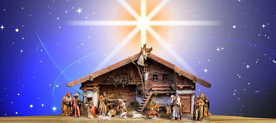 Christmas, Nativity Scene, Crib, Father Christmas, Star, Shining, Rays, Hell, Bethlehem, Stall, Jesus