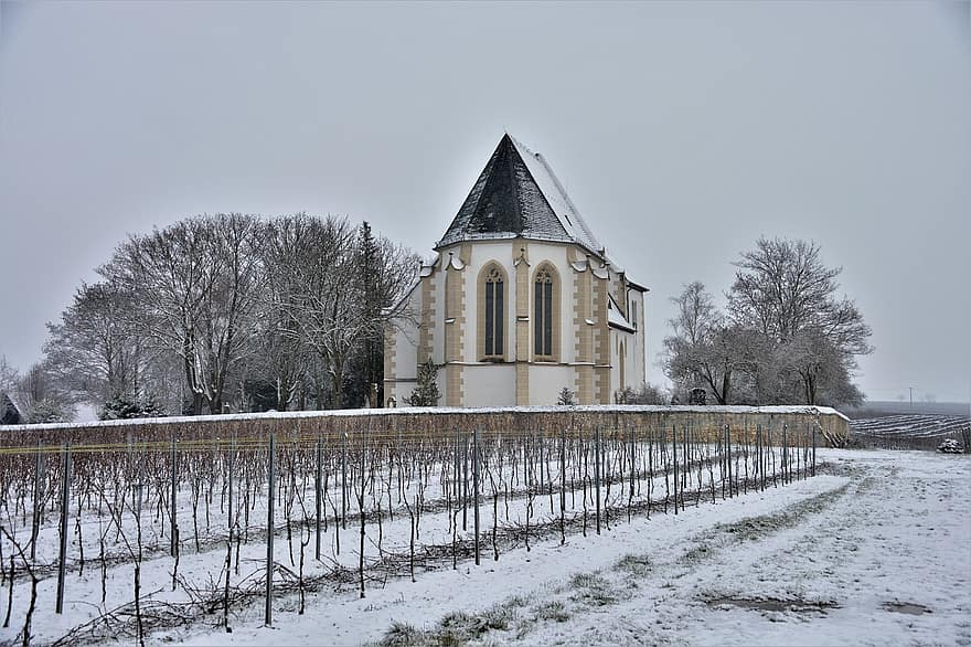 Udenheim, kościół, zimowy, śnieg, Bergkirche Udenheim, fasada, architektura, budynek, miasto