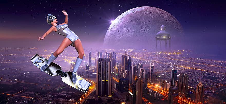 Fantasy, Science Fiction, City, Surreal, Futuristic, Forward, Planet, Woman, Flying, Building, Photomontage