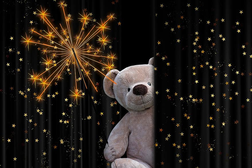 Teddybjørn, mykt leketøy, kosedyr, sparkler, lysstav, stjerne, mønster, bakgrunn, stjernehimmelen, tekstur