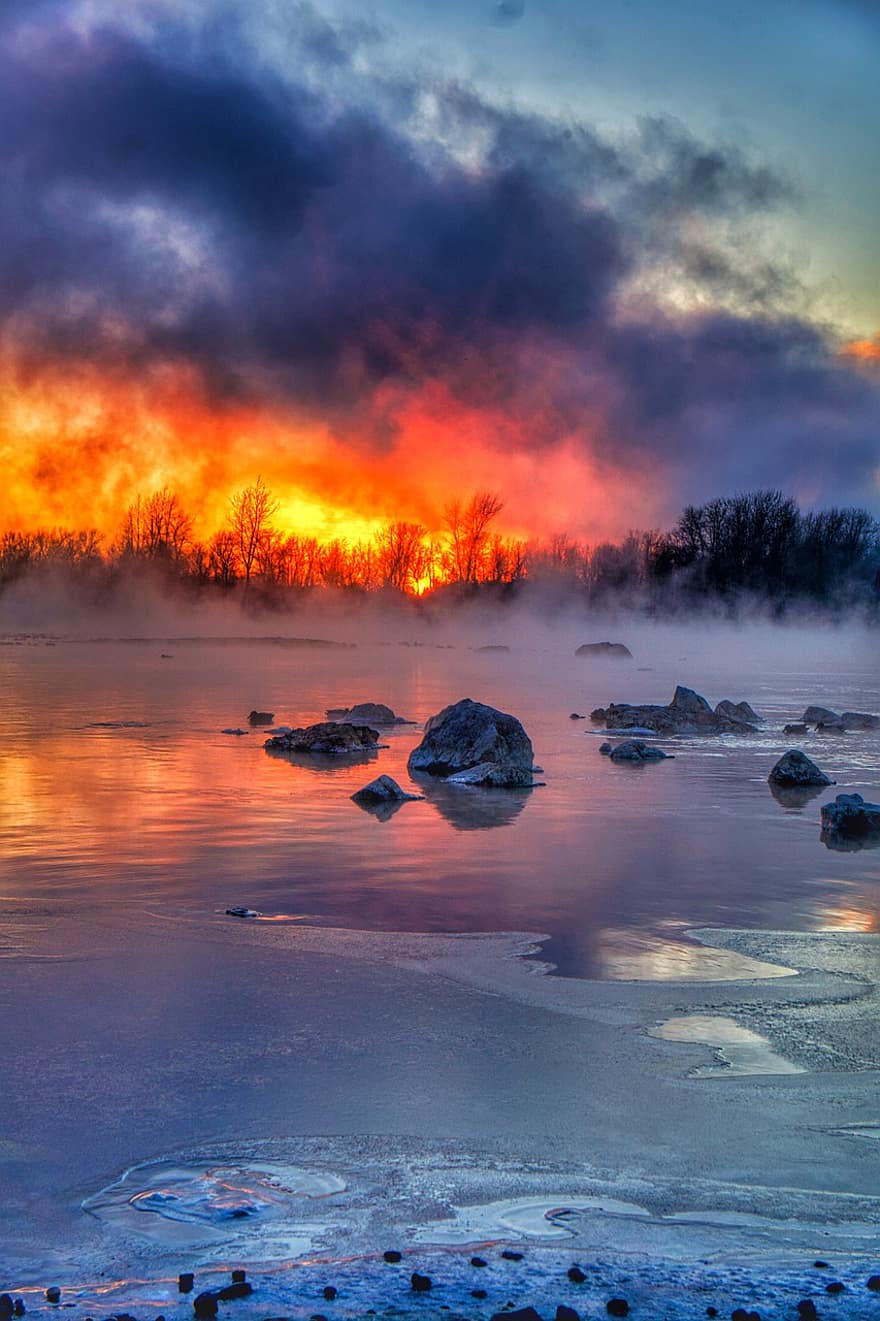 川、日没、岩、冬、トワイライト、自然、屋外、霧、シベリア、水、氷