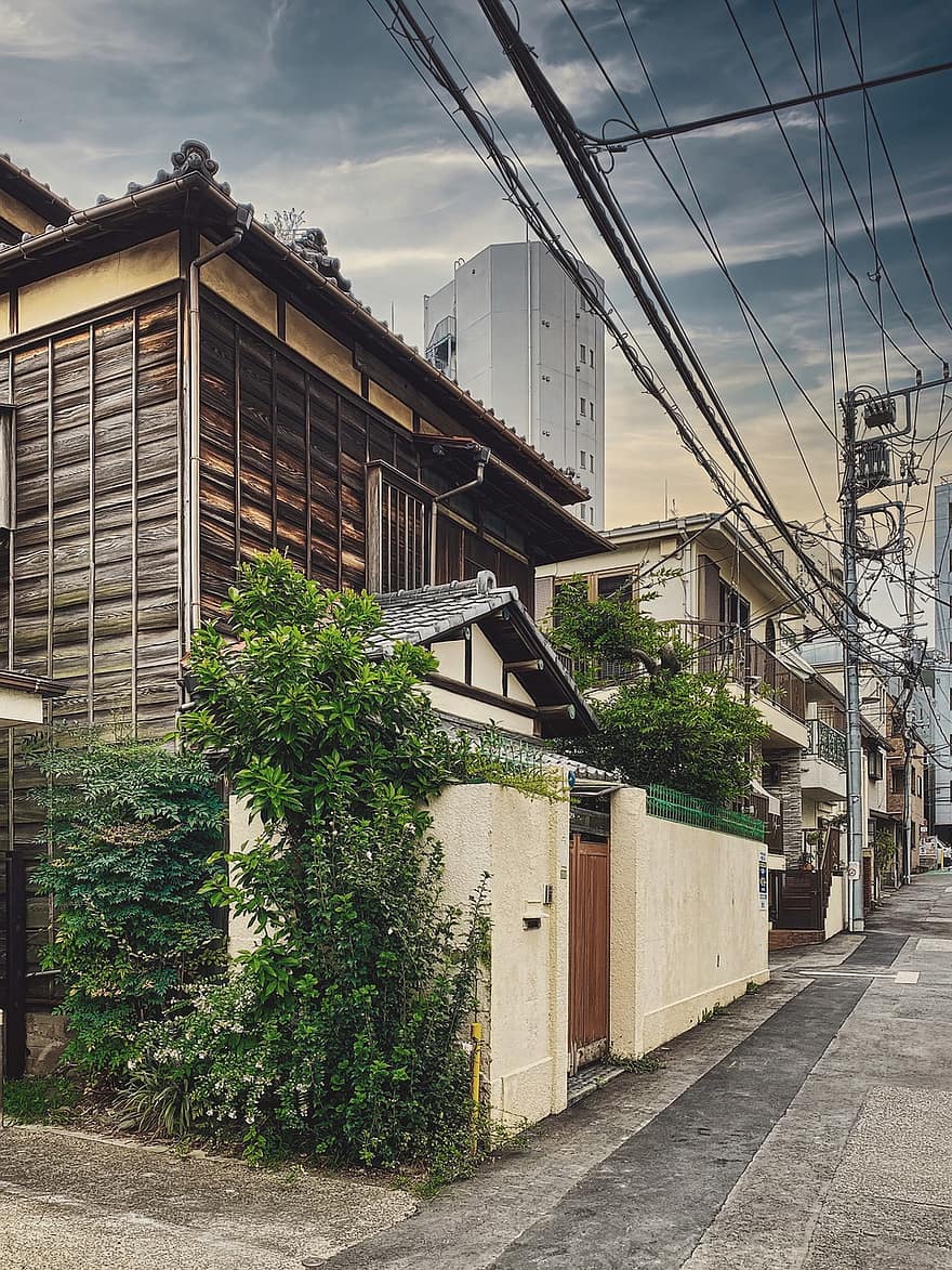 casa, rua, Vizinhança, Tóquio, Japão, casa japonesa, velho, restaurante, arquitetura, tradicional, estrutura de madeira