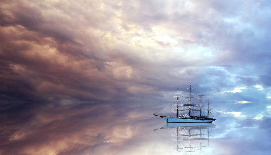 båd, ocean, hav, vand, skyer, himmel, marinemaleri, sejlads, fantasi, drøm, udendørs