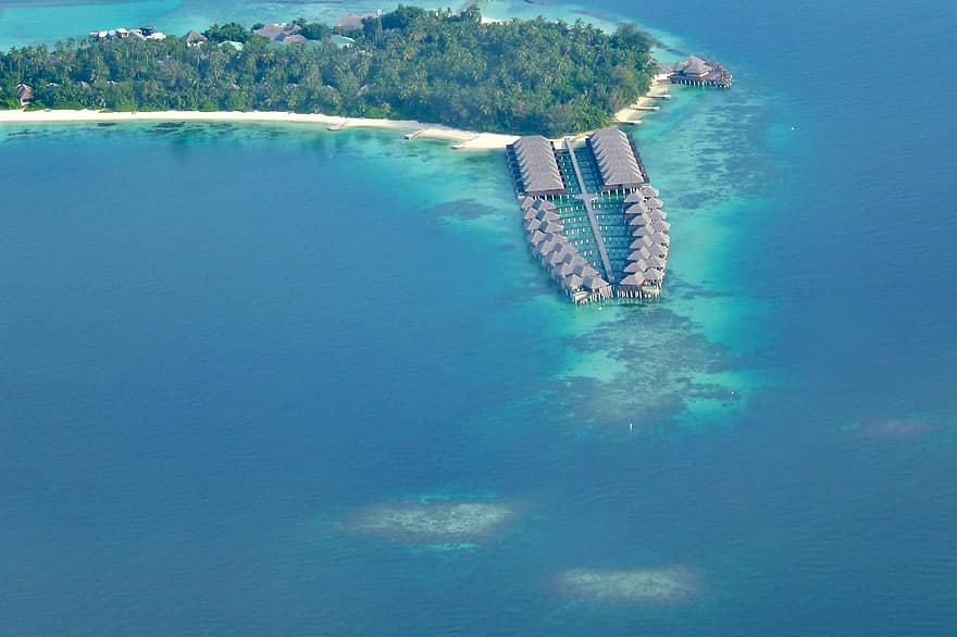 lyxresort, ö, maldiverna, strand, hav, flygperspektiv, paradis, vatten, blå, sand, kustlinje