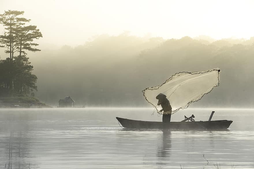 pêcheur, pêche, Lac, tuyen lam, da lat, le vietnam, bateau, eau, le coucher du soleil, paysage, lever du soleil