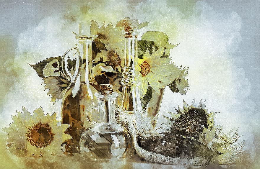 masih hidup, bunga-bunga, kaca, vas, buket, dekorasi, dekoratif, bunga matahari, bunga, manipulasi digital