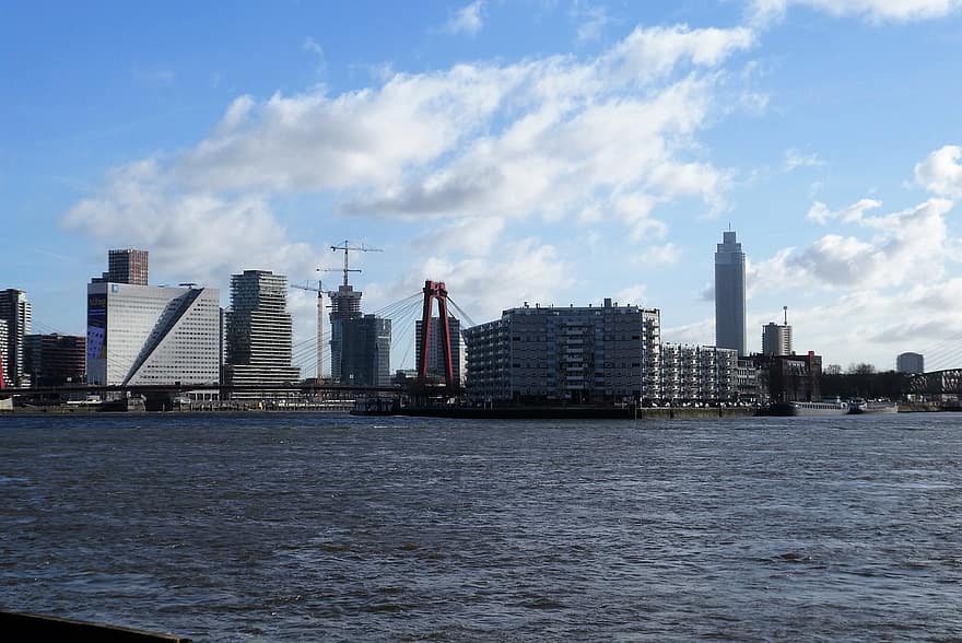 Rotterdam, fiume, paesaggio urbano, edifici, città, grattacielo, architettura, posto famoso, skyline urbano, struttura costruita, esterno dell'edificio