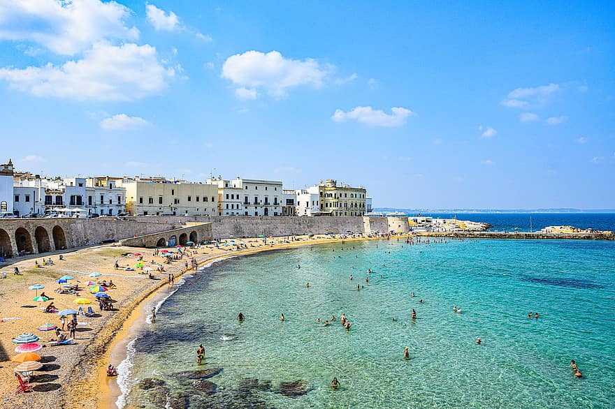 Ocean, Beach, Sand, People, Crowd, Coast, Swim, Gallipoli, Italy, Vacations, Sea