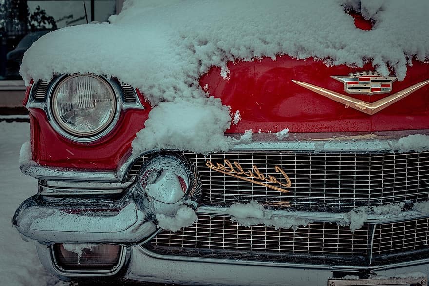 Car, Cadillac, Snow, Winter, Automobile, Antique Car, Vehicle, Auto, land vehicle, transportation, headlight