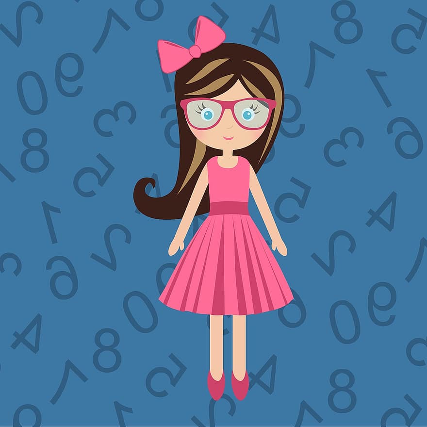 panenka, holčička, učitel, počítací, číslic, dívka, děti, roztomilý, modrý, brýle, šaty