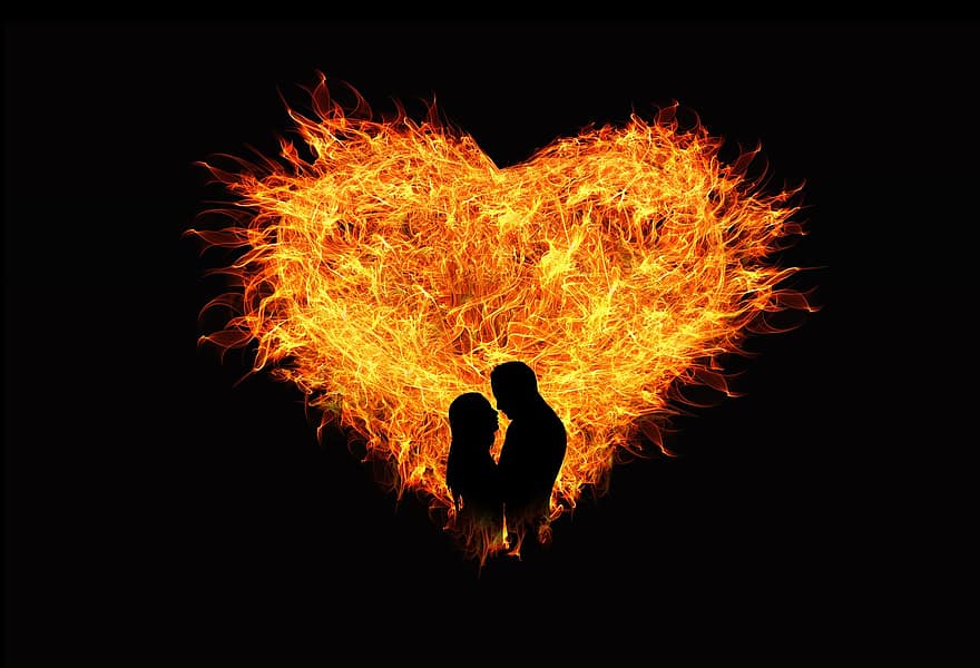 coração, amor, chama, amantes, homem, mulher, silhueta, fogo, marca, queimar