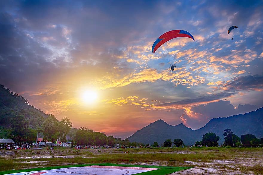 paragliding, latający, zachód słońca, sport, Aktywność rekreacyjna, spadochron, paralotnia, lot, dom, przygoda, niebo