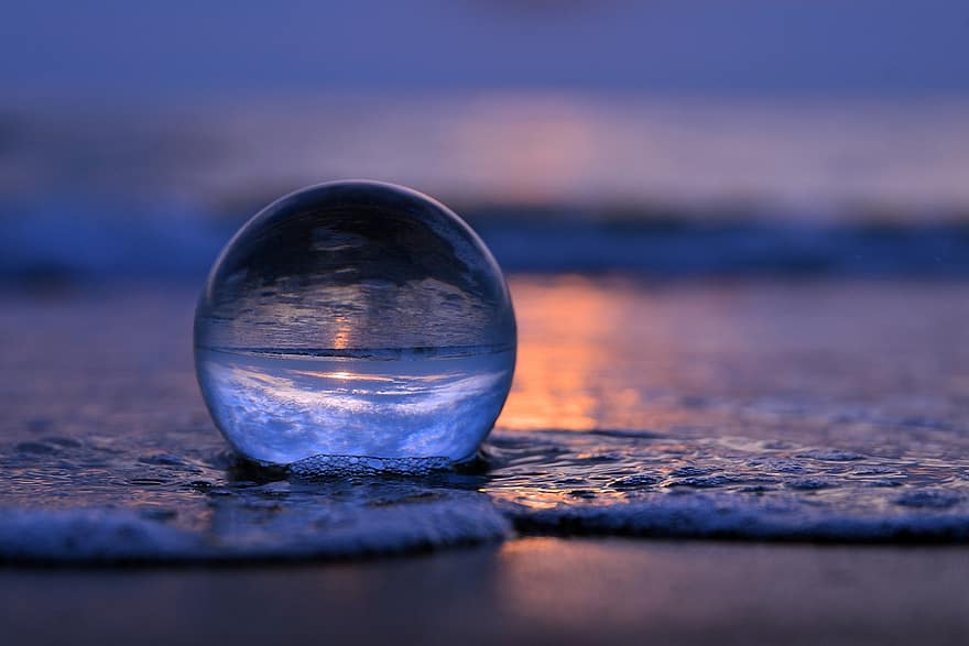 lensball, strand, tenger, üveggolyó, kristálygömb, gömb, óceán, víz, homok, természet, ég